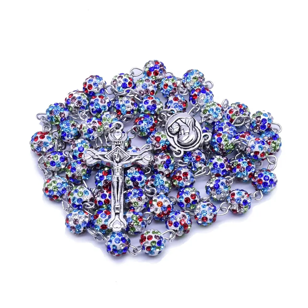 Ожерелье с голубым жемчугом и розам нашей леди Фатимы, карася серебряного цвета и медаль нашей леди Фатимы, религиозный зеленый цвет