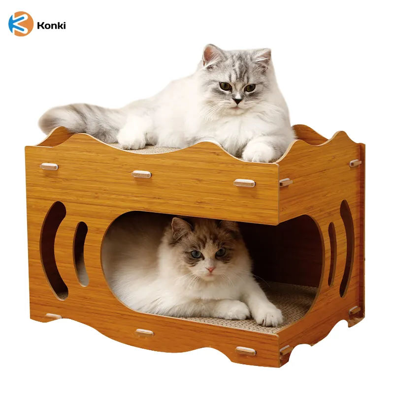 Casa de gato de madeira para gatos, cor natural, brinquedos de papelão para gatos, cama para animais de estimação, casa para arranhar