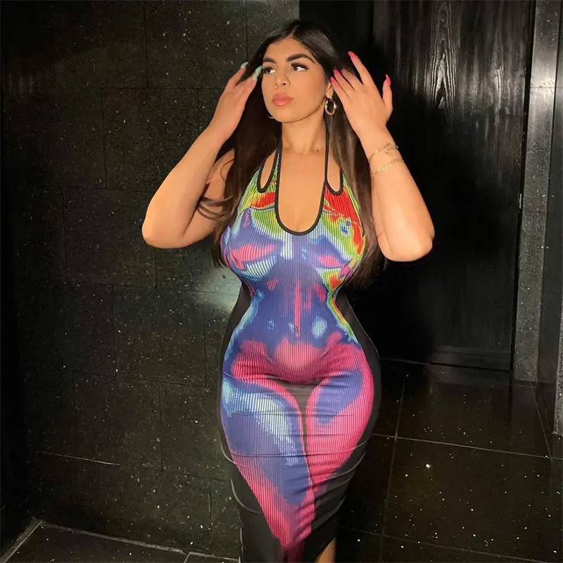 Nuevo Halter sin mangas Slim vestidos estampados Ww imagen Sexy espalda descubierta Bodycon verano fiesta vestido de noche 2023 para mujeres