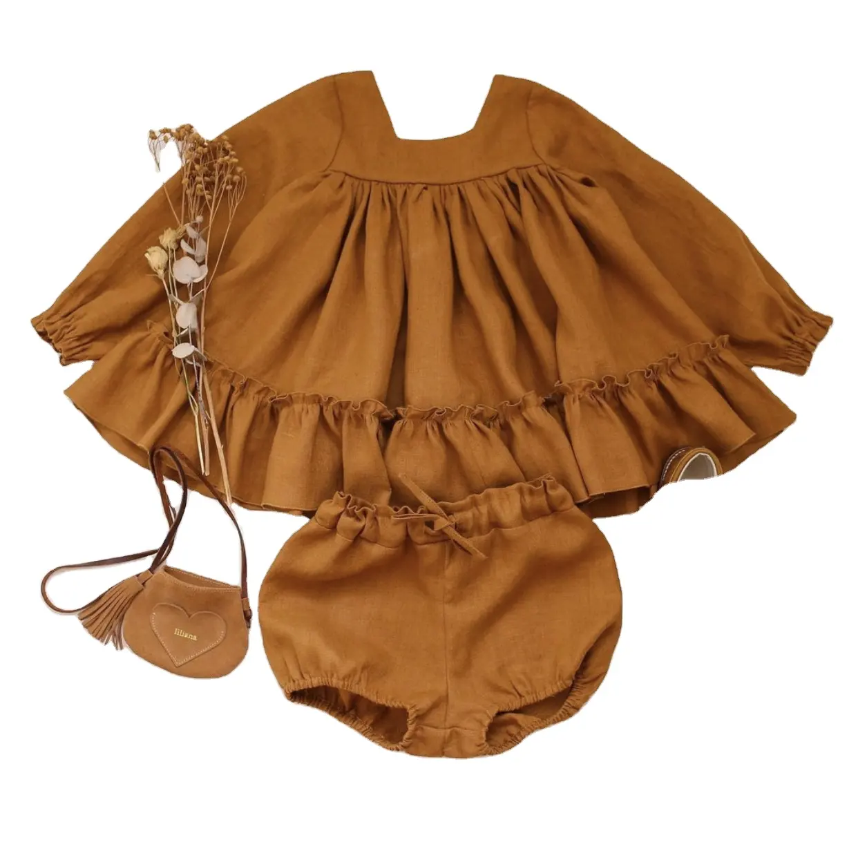 Set di abiti in lino per bambina in cotone organico con volant a maniche lunghe in lino