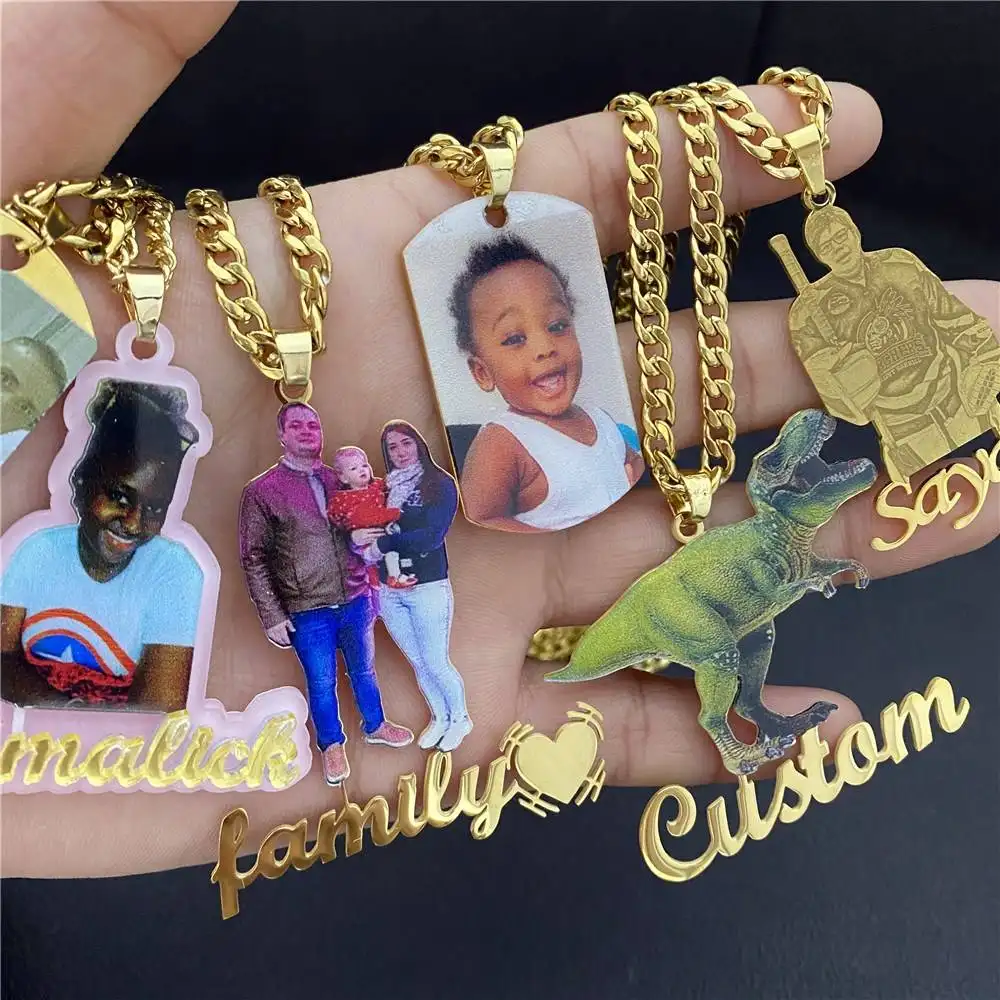 Collana fotografica personalizzata con catena in acciaio placcato personalizzata per bambini con ciondolo a goccia con targa d'oro con memoria in argento