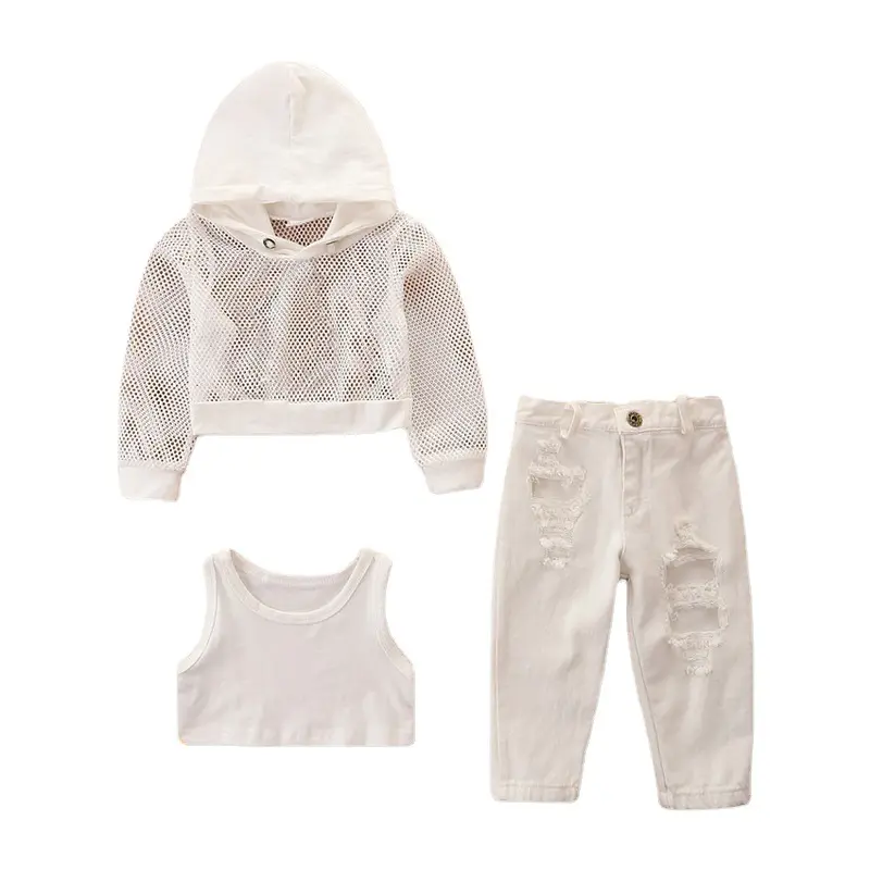 Baby Girls Sports Suit Terno de três peças New Net Hoodie + White Vest + Broken Holes Calças Kids Designer Clothes