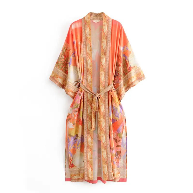 オレンジ色の美しいマーメイドプリント着物ドレス女性夏の長いボヘミアン服