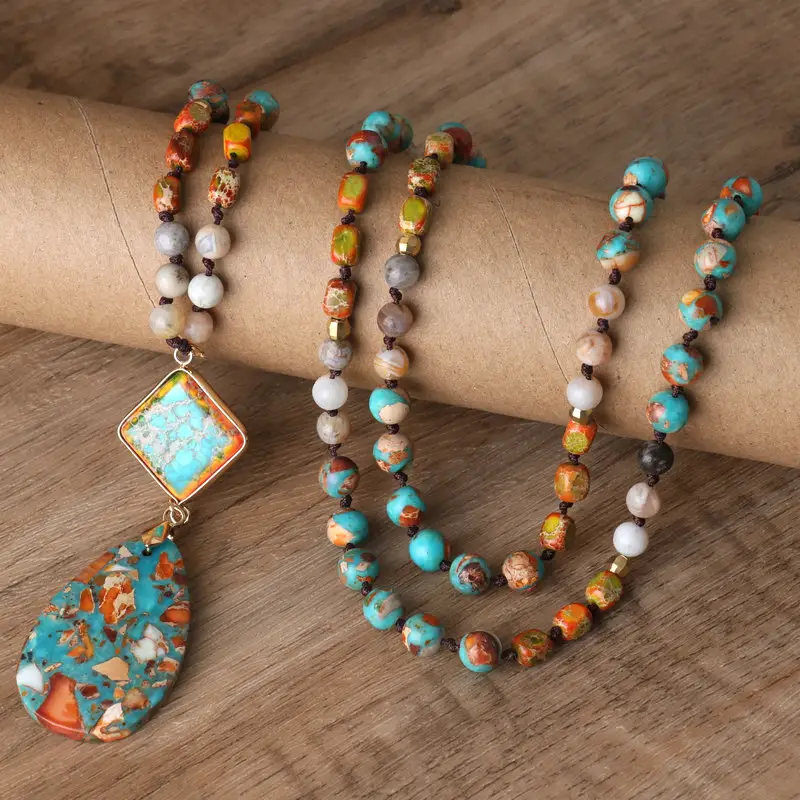 قلادة جميلة 108 من Japamala للنساء مصنوعة يدويًا مجوهرات قلادة من حجر اليشب الطبيعي مرصعة بمحاصيل البحر للنساء والبنات