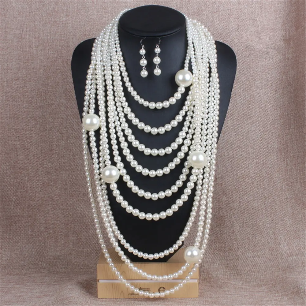 Длинное массивное ожерелье и серьги из 7 нитей с многослойными жемчужинами и бусинами