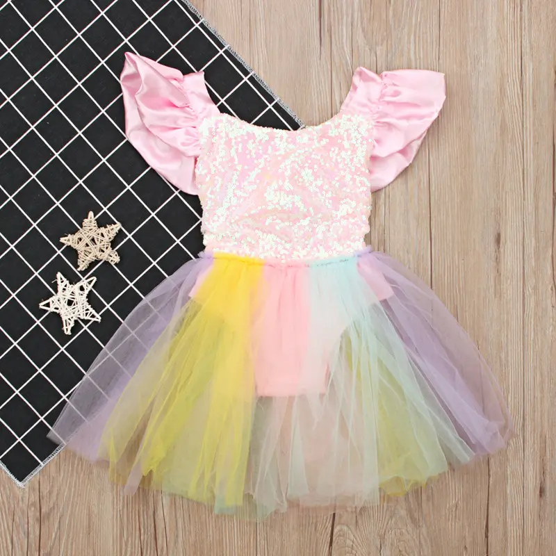 Venta caliente RTS Fancy Infants Girls Sequined Backless Dress Vestidos de cumpleaños para niños pequeños Baby Romper Tulle Dress