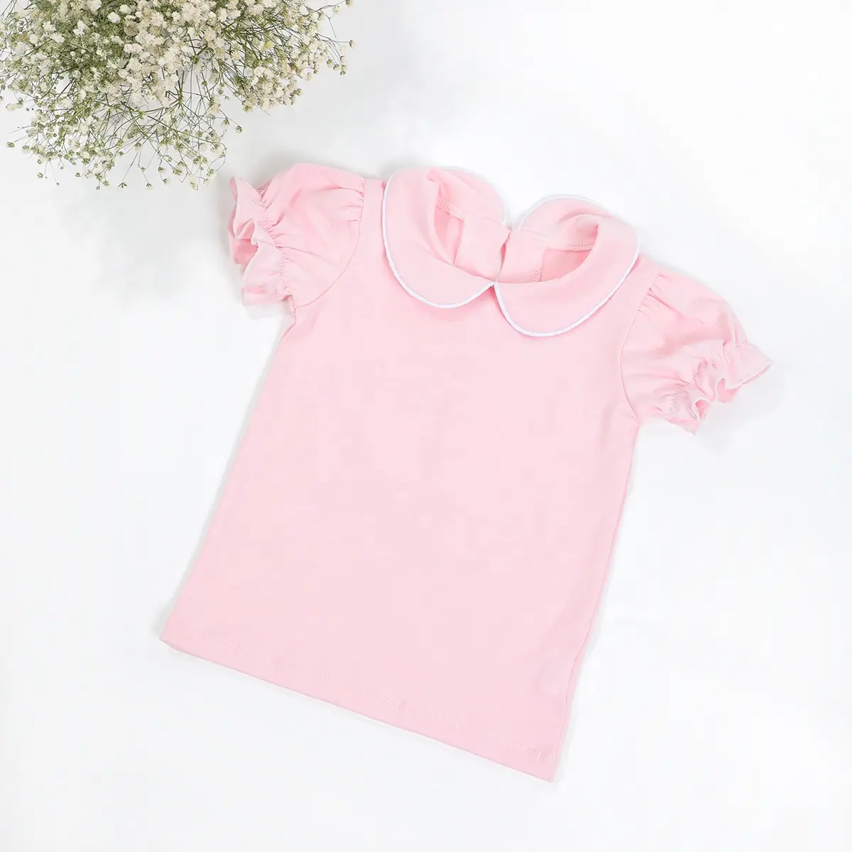 사용자 정의 소녀 빈 t 셔츠 아이 아기 소녀 옷 여름 티 유아 칼라 퍼프 소매 핑크 100% 면 옷