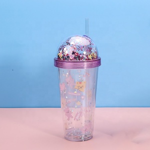 Ihraç kaliteli 380ML yıldız Sequins yuvarlak Tumbler kapak karikatür kız sevimli ayı baskı çift duvar plastik kamışlı bardak
