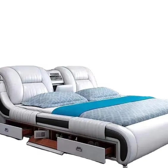 Le dernier lit double moderne en cuir intelligent simple multifonctionnel léger de luxe 2023