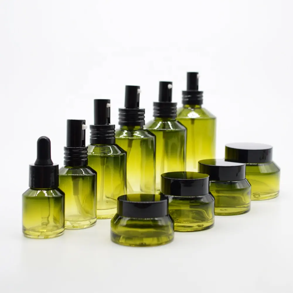 Bons commentaires bouteilles et pots en verre pour les soins de la peau crème pour le visage couleur dégradée verte avec capuchon supérieur 30ml 60ml 100ml 120ml 200ml