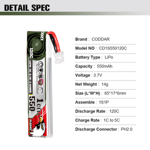 CODDAR RC LiPo Battery 1S 550MAH 3.7V 120C Cabled PH2.0 FPV Mini DroneHappy Model Mobula6 <strong>Mobula7</strong> Snapper GEPRC Cinewhoop - Product Image 4