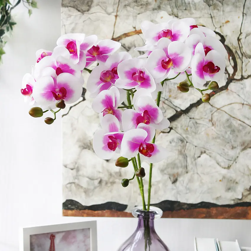 GIGA-orquídeas artificiales de látex, 9 cabezas, púrpura, tacto real, venta al por mayor