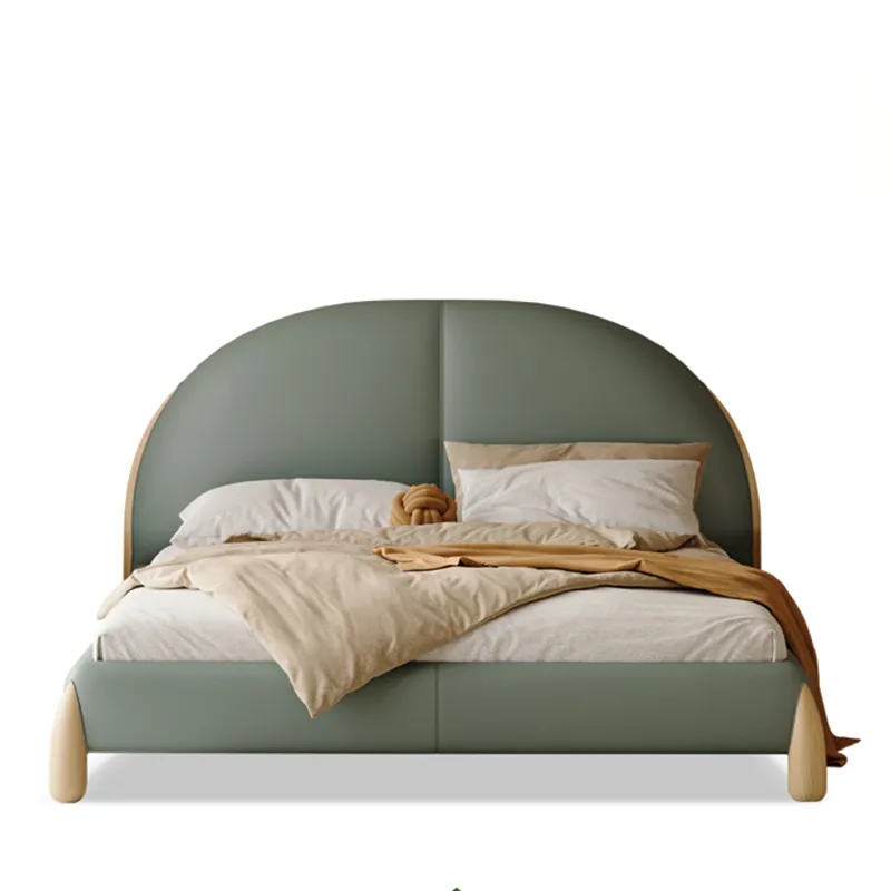 Moderno cuero de madera maciza wabi-Sabi Dormitorio principal cama de boda doble 1,8 m capa de cabeza cama suave de piel de vaca