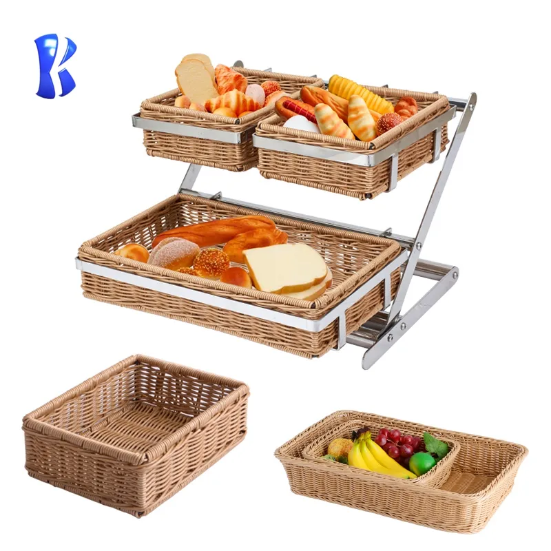 Buffet Apparatuur Rvs 2 Lagen Snack Stand En Buffet Voedsel Display Stand Met Pe Rotan