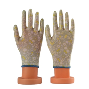 花卉设计涤纶花园手套<span class=keywords><strong>pu</strong></span>涂层安全工作手套/花园手套/印花手套