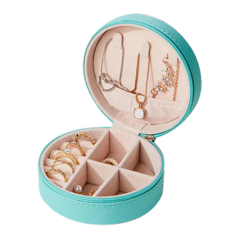 Kotak penyimpanan perhiasan kulit pu bulat wanita gadis anting-anting kancing telinga cincin anting-anting kalung hadiah