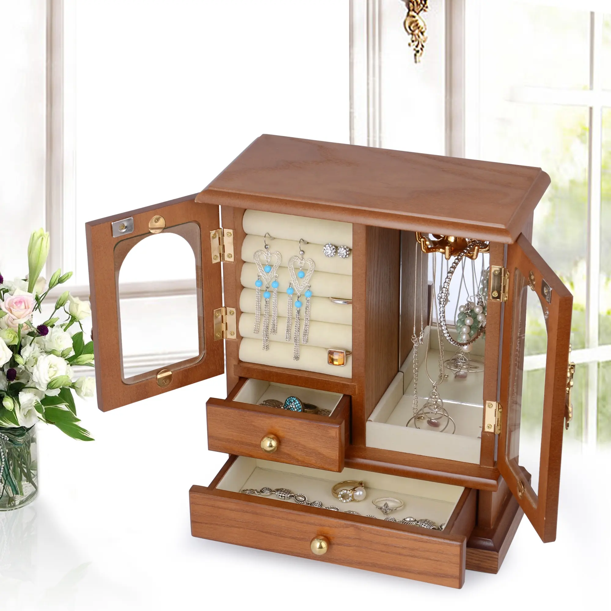 Solid Wooden Jewelry Box Makeup und Organizer Women Ring Storage mit 2-Drawers Built-in Necklace Carousel und Mirror