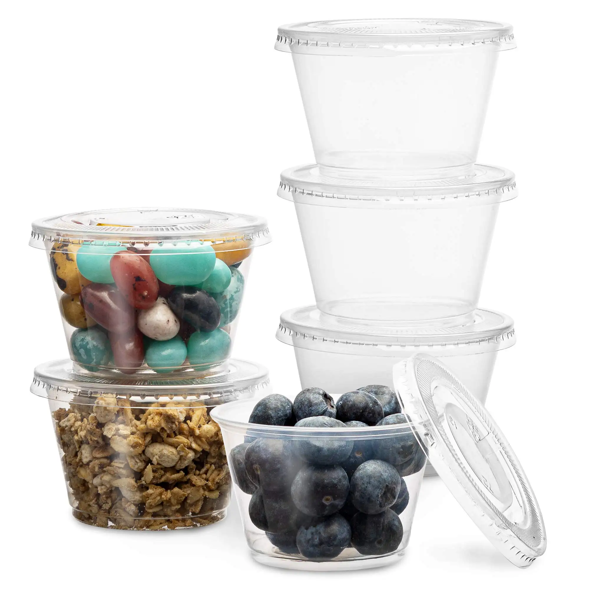 1oz 1,5 oz 2oz 3,25 oz 4oz 5oz Vasos de control de porciones de plástico con tapas para aderezo de ensalada Vasos de chupito de gelatina con tapas para restaurante
