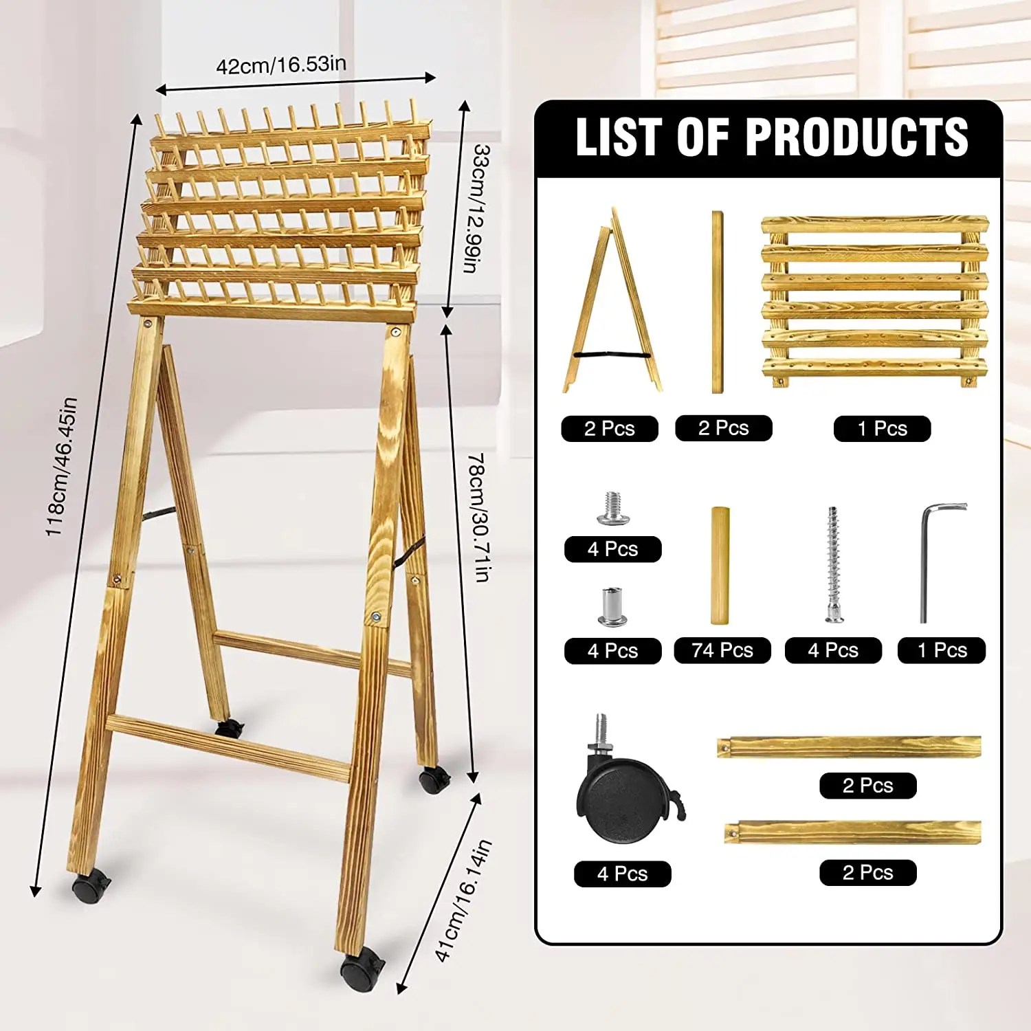 Estante de exhibición de peluca personalizado de fábrica, estante de pelo trenzado de madera con rueda universal