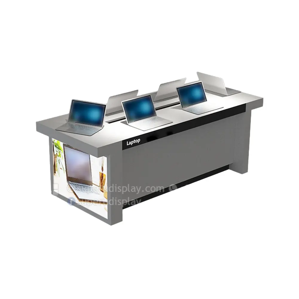 New White Laptop Retail Electronic Table Shop Interior Design Custom Laptop Computer Showroom Design Pc Display Table Design
