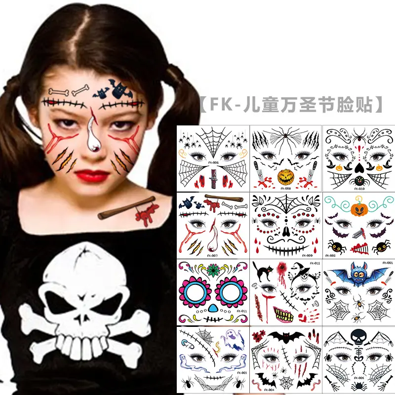 Adesivi per il trasferimento dell'acqua cartone animato per bambini Halloween adesivi per tatuaggi divertenti cicatrice decorazione horror adesivi per il viso creativi tatuaggio