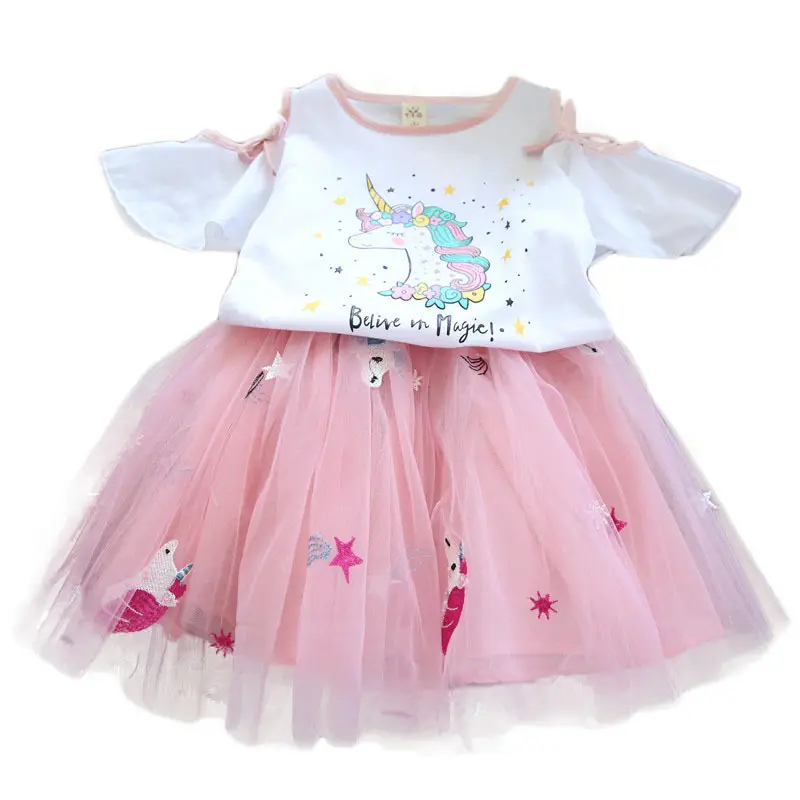 Schattige Meisjes Kleding Set Zomer Meisje 2 Stuks Cartoon Flare Mouw Top En Prinses Rok Baby Kleding Eenhoorn Patroon Set