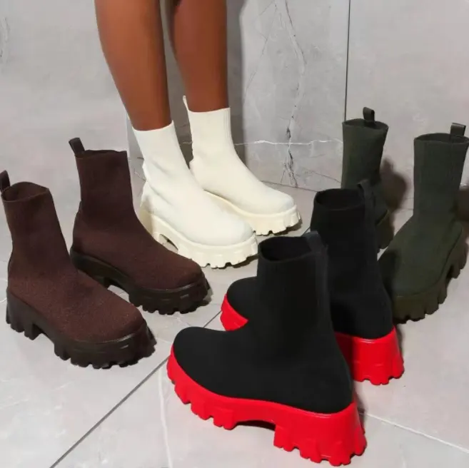 Botas de Invierno para mujer, zapatos informales de punto con plataforma, calcetín corto, 2021