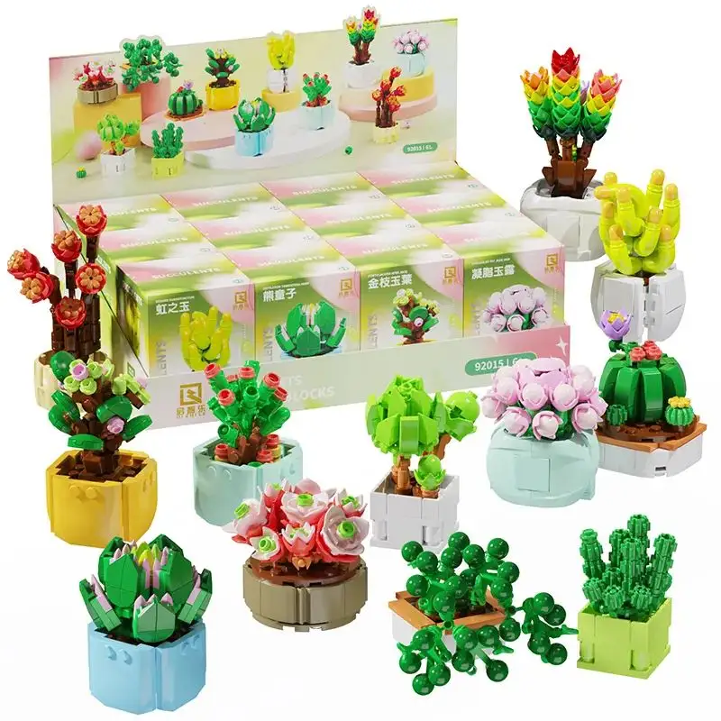 QIZHILE – Mini boîte aveugle de 12 styles, plantes en pot, blocs de construction succulents pour blocs, jouets de construction miniatures, 92015