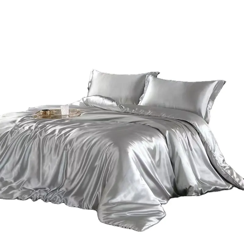Luxury Cotton Bedding Four-Piece Reversible Silk Comforter Set Modern Solid Color Wedding Ready Flat Fitted Sheets Cool Summer