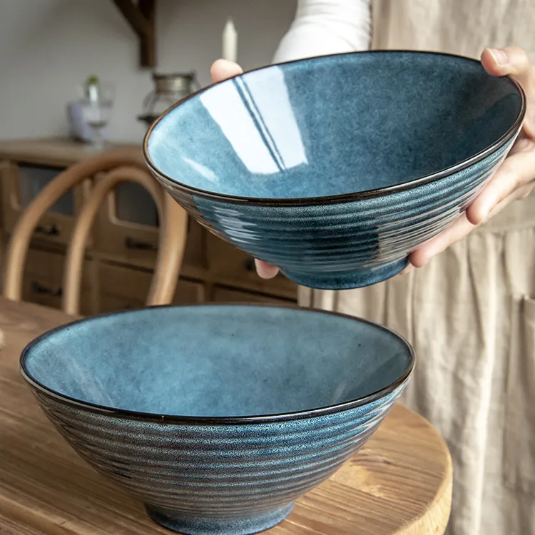 8-дюймовая керамическая чаша с реактивной глазурью синяя посуда большая миска для подачи лапши для керамики оптом