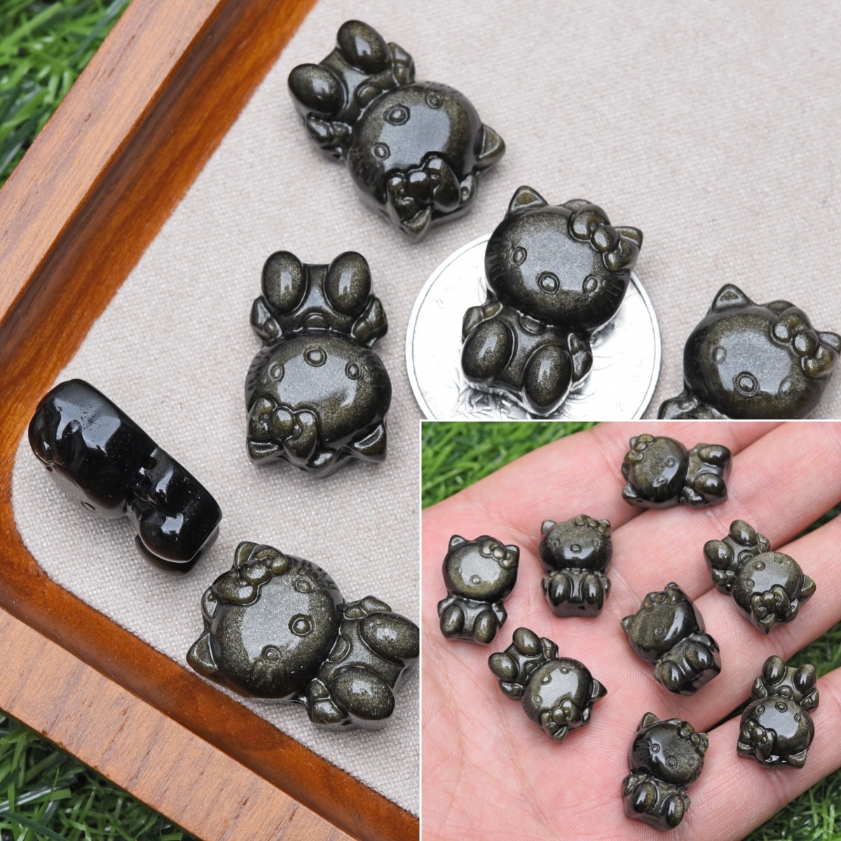 7 chatons en obsidienne dorée