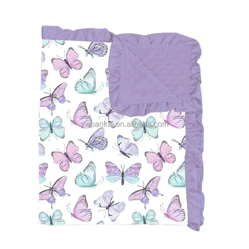Vente en gros de couverture d'emmaillotage pour bébé motif papillon couverture en minky tricotée douce et extensible par sublimation