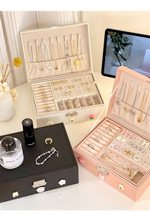 Оптовая продажа, Классическая двухслойная шкатулка для ювелирных изделий из кожи, дорожный шкатулка с замком для кольца, серьги, ожерелье, органайзер для хранения - Product Image 5