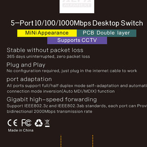 5-Port-GIGABIT-Ethernet-Netzwerk-Switch mit 1000 MBit/s und POE-VLAN-SNMP-Funktionen auf Lager IP-Geräte anschluss