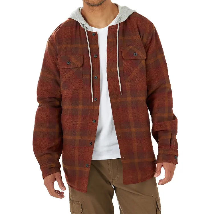 Veste de chemise en flanelle à carreaux personnalisée avec impression design OEM rouge à capuche