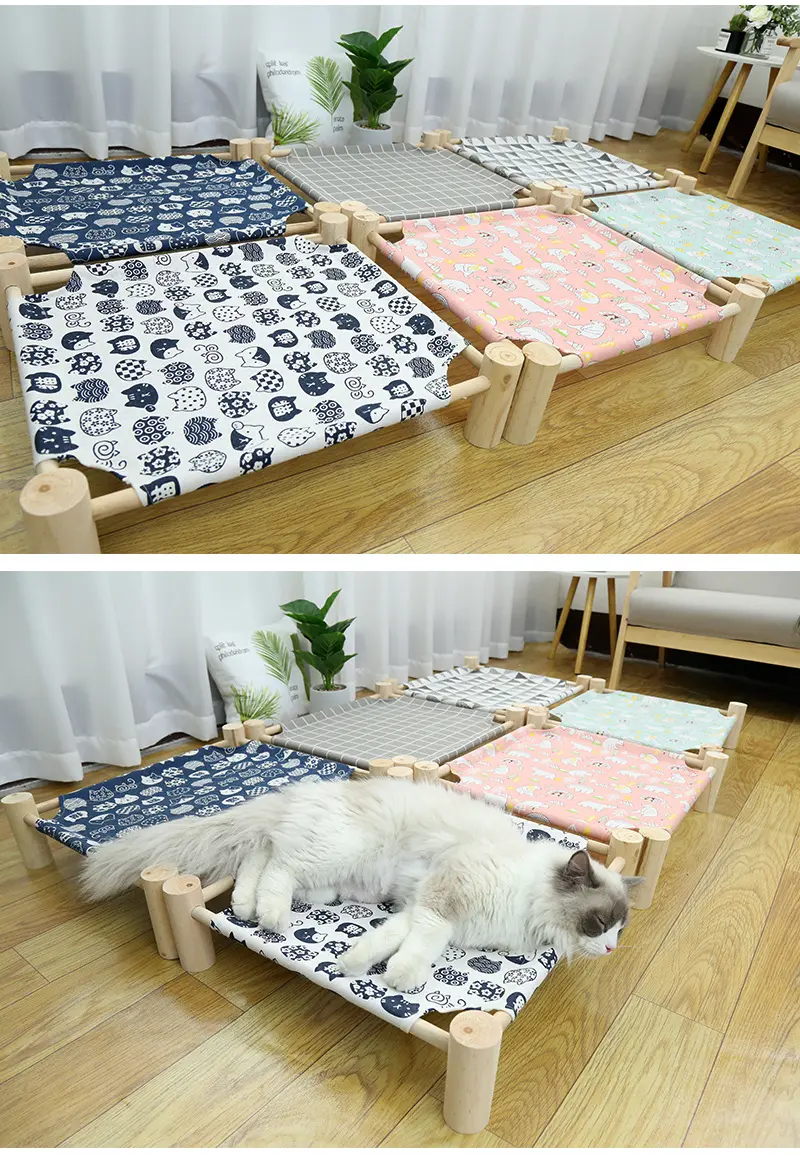 लकड़ी की बिल्ली हैममॉक बिस्तर ऊंचा शीतलन बिस्तर, बिल्लियों और छोटे कुत्तों के लिए उपयुक्त पोर्टेबल इनडोर/आउटडोर पालतू बिस्तर