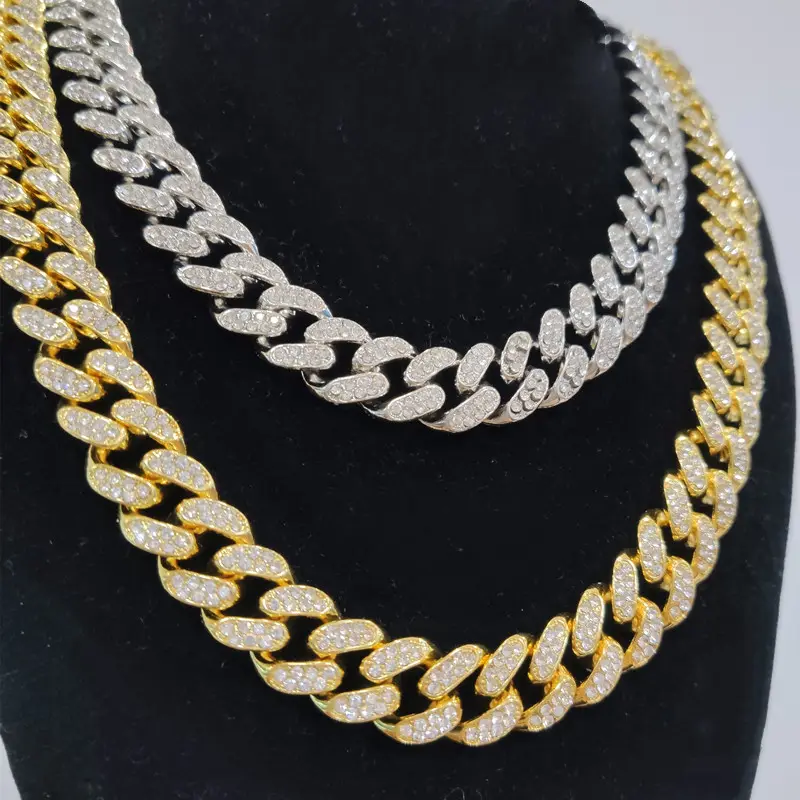 Fashion Trending 18K Gold And Rhodium Plating Color Hip-pop Cuba Style Chunky Chain With Glass Stones Metal Necklace