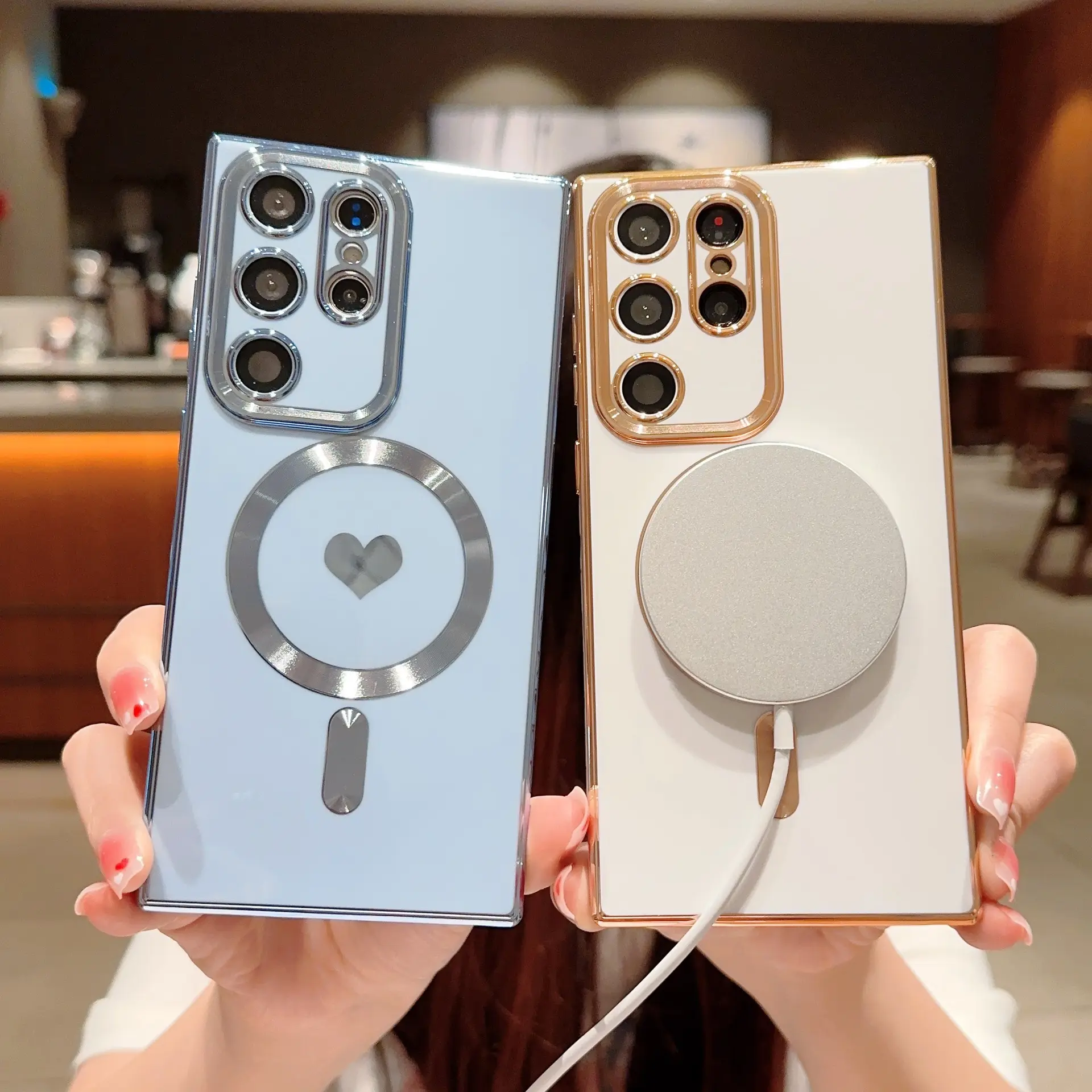 Mạ điện tình yêu trái tim chống sốc bảo vệ từ điện thoại di động bao gồm cho Samsung S24 S23 siêu cộng với rõ ràng trường hợp