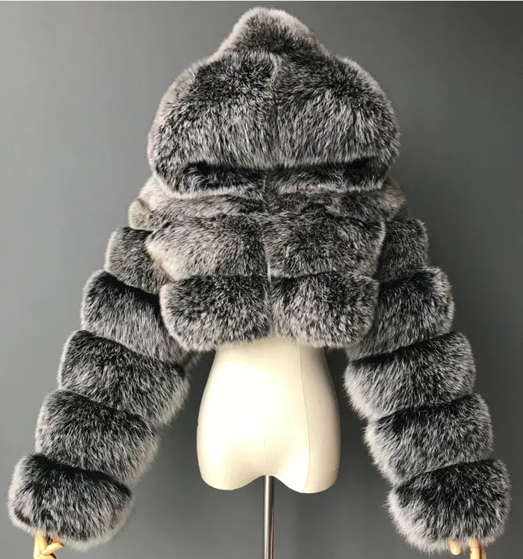 Зимний утепленный топ с длинными рукавами, пальто из искусственного меха лисы, женское короткое пальто с капюшоном из искусственного меха