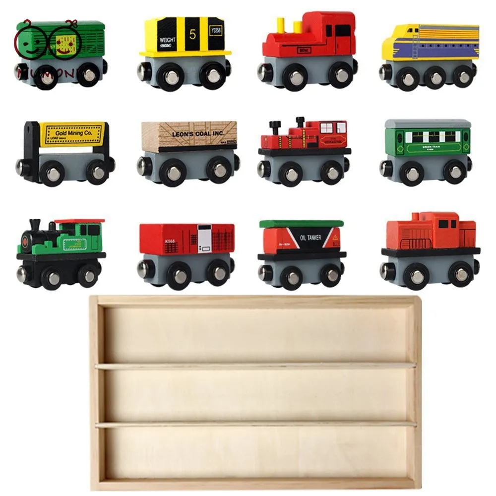 Top bright hottest magnetic wood train kids funny 12pcs train toys wooden box train set