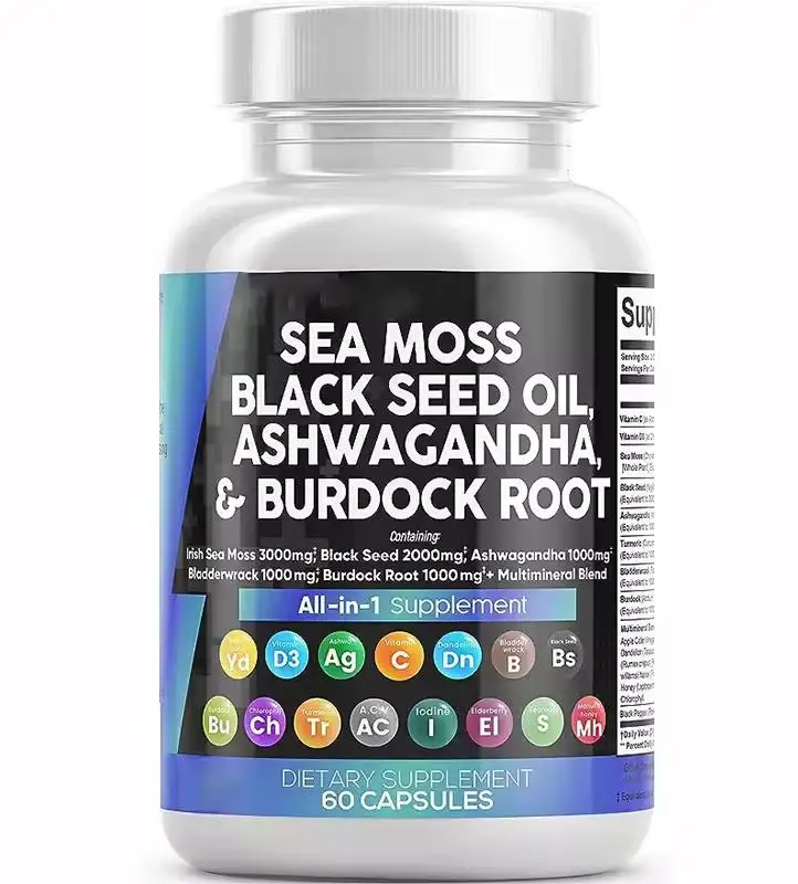 Deniz yosun kapsülleri 16-in-1 takviyeleri siyah tohum yağı ashashandha zerdeçal Bladderwrack dulavratotu karmaşık Seamoss kapsül