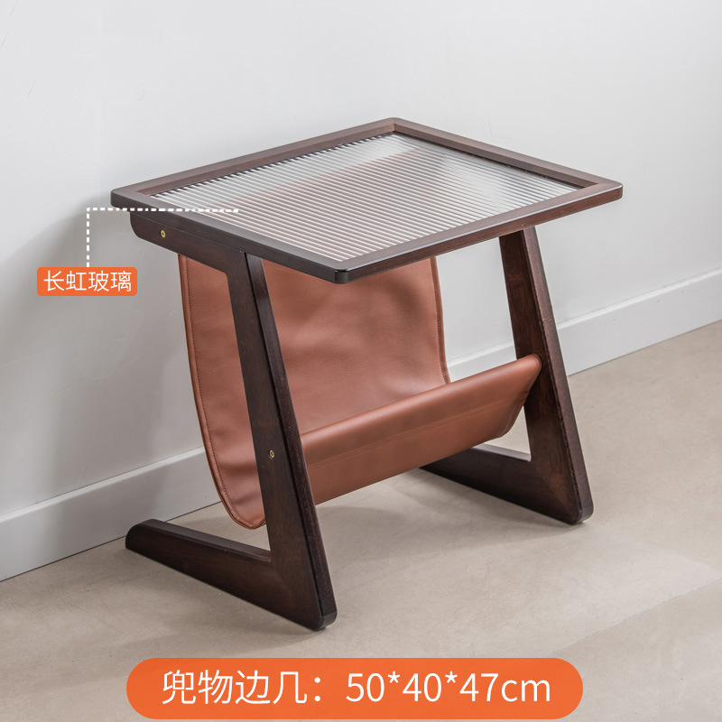Side table with pockets - walnut color (small size, fluted glass)