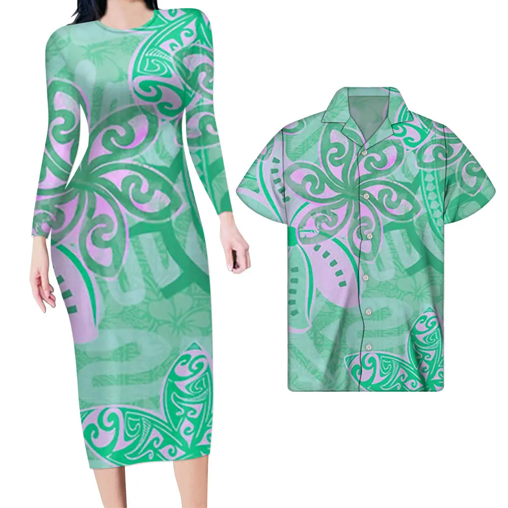 Fresh Light Green Ethical Printed Clothing Custom Polynesian Tribal Design Puletasi Clothes Sets Casual Couples Dress and Shirts