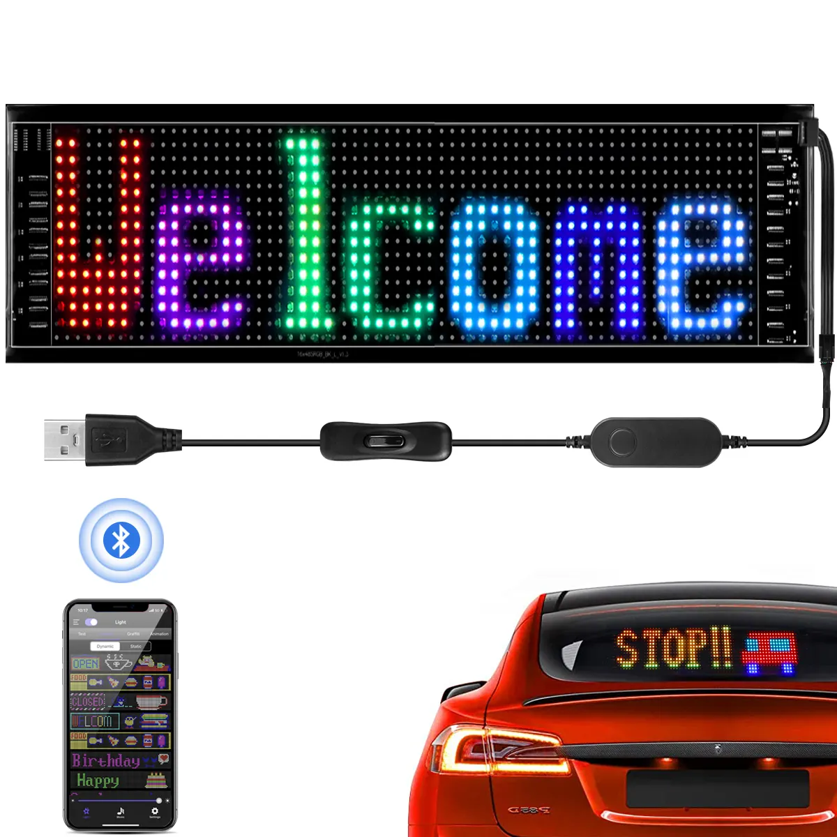 Publicidade do carro Sinal LED USB 5V LED Pixels Painel Matriz Flexível Led strip Tela RGB Bluetooth APP DIY Rolagem Texto Animação