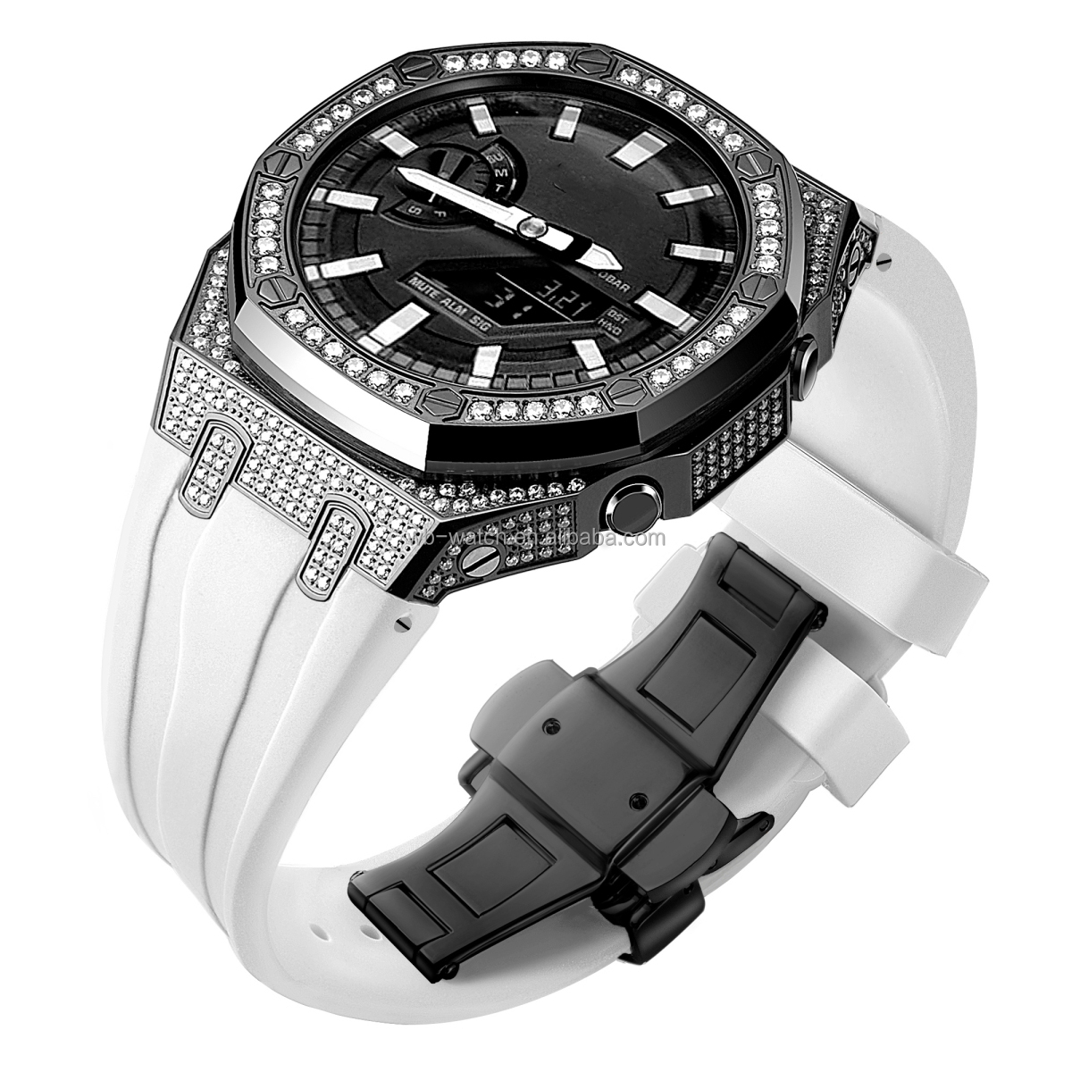 Diamond Set Black Ring + Black Case + Red Strap