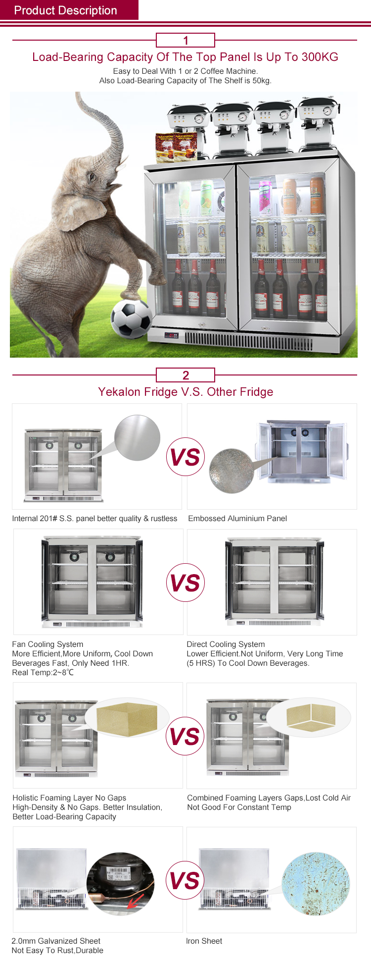 Hotel Commercial Bar Fridge Refrigeration Equipment 230L Glass Double Door Mini Bar Fridge