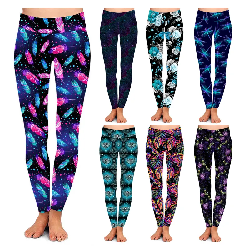 Leggings con estampado de plumas para mujer, mallas elásticas y sexys con diseño de galaxia, supersuaves y cepillado, con variedad de diseños personalizados, OEM