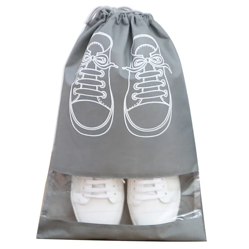 カスタムシューズバッグ包装防塵ドローストリングシューズバッグ透明なPVCウィンドウ付き不織布バッグ