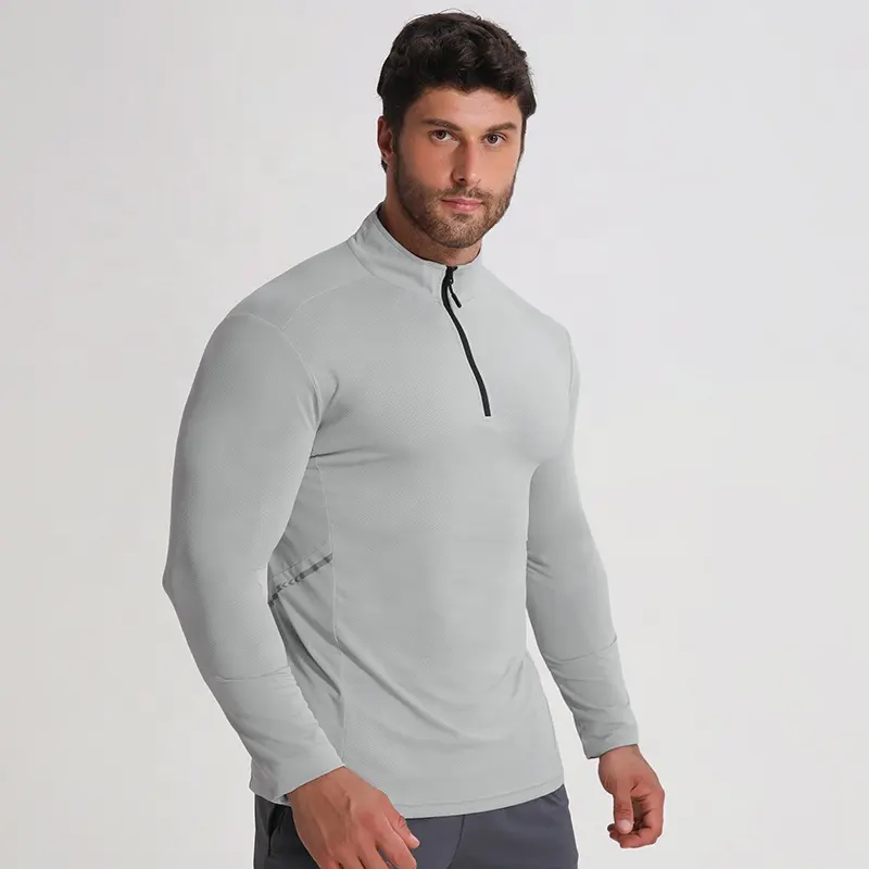 Chemises de musculation pour hommes, logo personnalisé, vêtements élastiques, demi-fermeture, à manches longues,