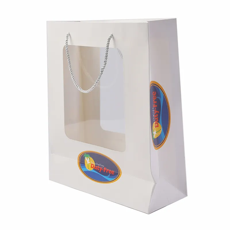 Fabricante de lujo personalizar logotipo impreso flor regalo embalaje blanco compras bolsas de papel con ventana